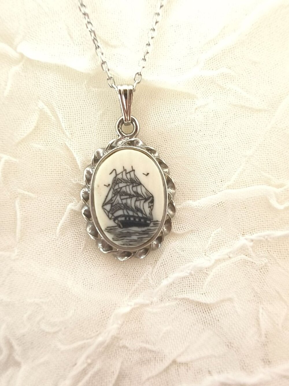 Sterling Silver Scrimshaw Pendant Necklace With Tall Ship Design 16" Chain is 92